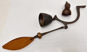 Vintage Richard Fisher Cast Bronze Bell With Mahogany Chime, Signed & Cast Metal Monk Candle Snuffer