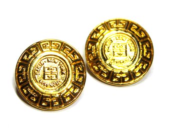 Pair Gold Tone Button Formed Givenchy Pierced Earrings