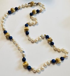 VINTAGE 14K GOLD LAPIS AND PEARL NECKLACE