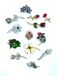 Collection Of 13 Assorted Vintage Floral Estate Brooches