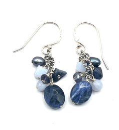 Vintage Sterling Silver Blue Beaded Dangle Earrings