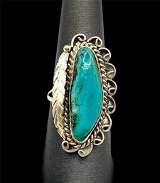 Vintage Native American Sterling Silver Large Turquoise Ornate Ring, Size 7.5