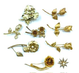 Collection Of 9 Vintage Goldtone Floral Brooches