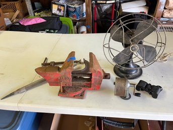 Antique Lot - SKIMO Fan Working - Boston Wall Pencil Sharpener - Scout USA 4 1/2' Vise - C Clamp & More