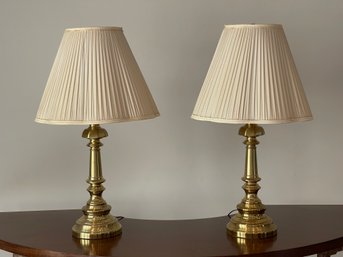 A Pair Brass Candlestick Table Lamps With Scalloped Pleated Shades