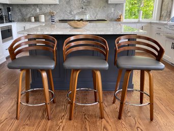 Set Of 3 - Armen Living Jayden Modern 26' Seat Height Swivel Grey Faux Leather And Wood Counter Stools