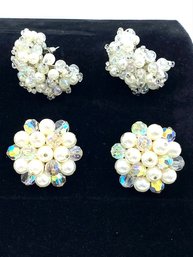 Two Pairs Of Vintage Faux Pearl & AB Cluster Earrings