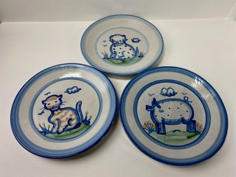 M. A. Hadley Pottery Dinner Plates, Cat - Dog - Pig, Signed (3)