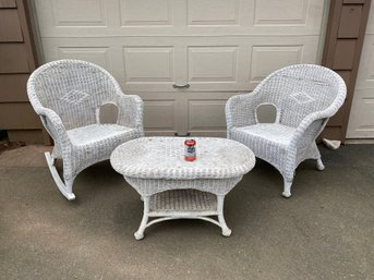 Wonderful Vintage 3 Piece Real Wicker Porch Set. Rocker, Arm Chair And Coffee Table. No Shipping.