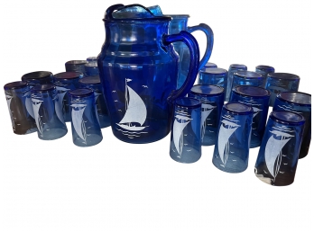 Vintage Hazel Atlas Sailboat Cobalt Blue Pitcher And 12Glasses