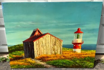 Barn W/Lighthouse Painting ~ Signed F Sammy ~ Oil On Canvas