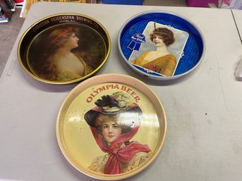 VERY COOL LOT OF 3 NOS 1950s BEER TRAYS - Pabst Blue Ribbon - Olympia - Feiganspan NEWARK NJ