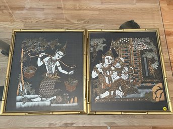 TWO DECORATIVE THAI PRINTS ON SILK IN BAMABOO FRAMES