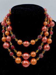 Vintage Apricot Cranberry Sorbet Triple Strand Necklace