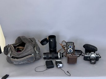 Pair Of Vintage Cameras And Crispy Camera Bag, Metarflex And Asahi Pentax