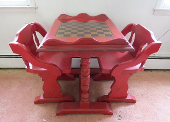 A Red Painted 3 Piece Game Table Set