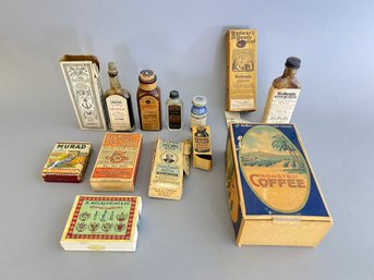 Lot Of Antique Bottles, Medicine, Cigarette Boxes, Etc.