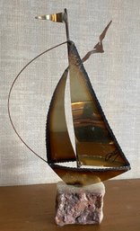 Hand Made Metal Ship On Quartz Signed