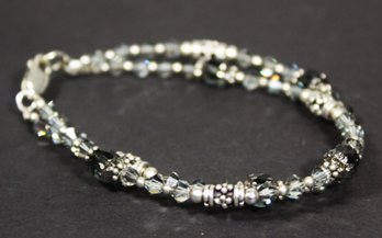 Fine Sterling Silver Double Strand Crystal Beaded Bracelet 7' Long
