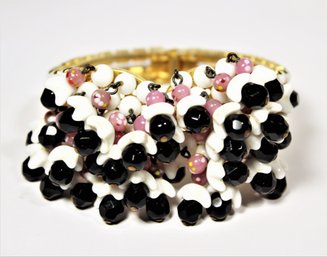 Outstanding White Rhinestone Pink And Black Clamper Hinged Cuff Bracelet