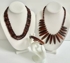 MCM Wooden Costume Jewelry 3 Piece Lot' 2 Necklaces - 2 Bangle Bracelets