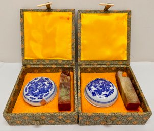 2 Chinese Boxed Wax Seal Kits With Hand Carved Marble Seals & Blue Dragon Porcelain Wax Jars