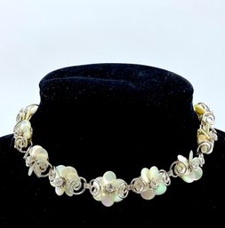 Vintage Silvertone Choker Necklace W/ Rhinestone & Pearltone Disc Floral Design