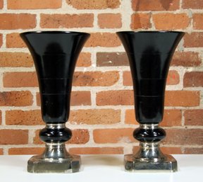 Pair Of Oscar De La Renta Black Lacquered & Silver Plate Vases
