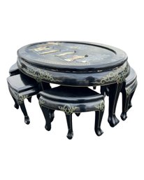 48' Shiny Black Lacquer Asian Inspired Coffee Table, Inlaid Pearl With Six Stools And Glass Top