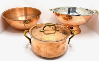 French Copper Mixing Bowl With Hook, Copper Clad Sauce Pan & Collander