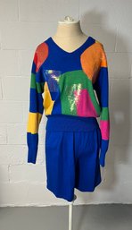 Vintage 80s Glam Wool Knit Sweater And Short Set By Delle Celle New York Women's 40