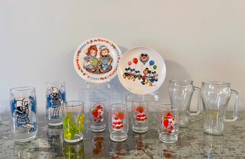 Nostalgic 1960s -80s Drinking Glasses & Plates: Looney Tunes, Mickey Mouse, Strawberry Shortcake, Burger King