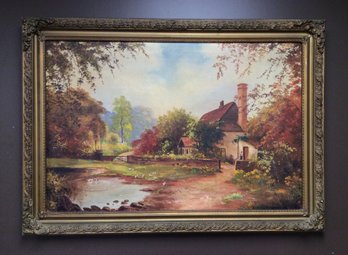 COUNTRY COTTAGE PAINTING BY MARTIN: Vintage Oil On Canvas, Ornate Gold Frame, 40.5 In X 29 In, Pond With Ducks
