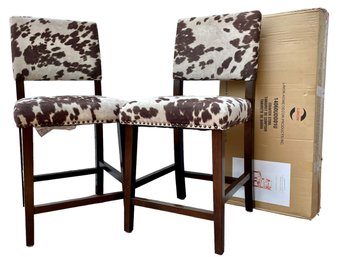 Set Of 3 Counter Stools W/ Faux Pony Print Upholstered Seats, Espresso Stained Wood Legs & Nailhead Trim