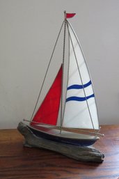 A Stained Glass And Wire Nautical Sail Boat Statue