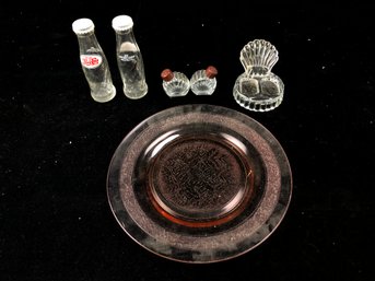 Glass Bottles, Platter, And Shaker Set