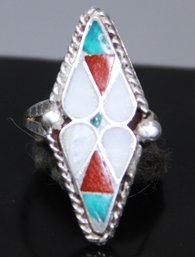 Vintage Sterling Silver Southwestern Inlay Mother Of Pearl Turquoise Coral Ring Size 7.5