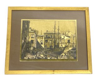Lionel Barrymore 'Little Boat Yard Venice' Gold Foil Etching Matted And Framed