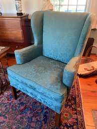 Vintage Hickory Chair Co. Damask Teal Wool Williamsburg Restoration Fabric Wingback Chair