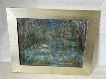 Fine Vintage Impressionist Painting Of A Dense Marsh With Egret- Artist Signed- In The Vein Of Claude Monet