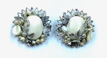 Elegant Vintage Winter White & Silvertone Oversized Button Earrings