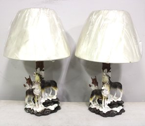 Vintage Pair Of Wolf Table Lamps With Shades