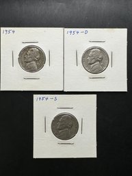 3 Jefferson Nickels 1954, 1954-D, 1954-S