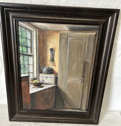 Stunning Vintage Framed COLRAIN GILLETT GRIFFIN Painting- Interior Of A Farmhouse Pantry Kitchen