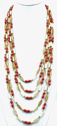 Incredible Vintage 5 Strand Goldtone Necklace W/ Orange & White Beads