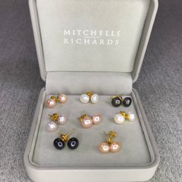 $225 Retail Price (8) Pairs Of Genuine Cultured Pearl Earrings - Gold Plated Sterling Silver Posts - Very Nice