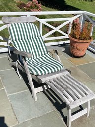 Teak Steamer Deck Chair With Green And White Cushion