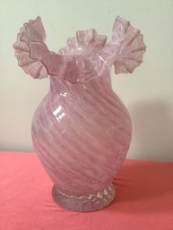 Fenton Swirled Pink Glass Vase With Ribbon Trim