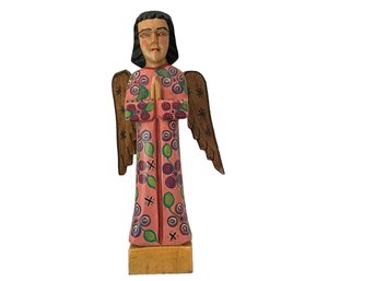 Hand Carved & Painted Guatemalan Floral Wood Sculpture Of An Angel Praying