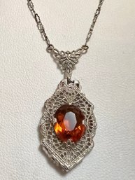 VINTAGE 14K WHITE GOLD FILIGREE REDDISH ORANGE GEMSTONE NECKLACE - CLASP AS IS